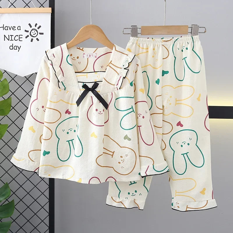 New Girls Cute Bowknot Heart Cartoon Rabbit Pajamas Long Sleeve V-neck Sleepwear Kids Spring Summer Casual Clothing Sets Pyjamas