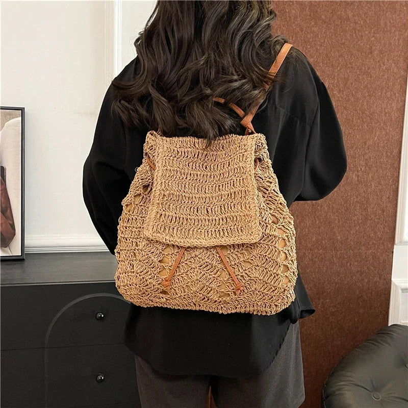 Handmade Woving Women's Backpack Beach Shoulder Bag For Ladies Designer Straw Handbag Travel Anti Theft Backbag Crossbody Purse