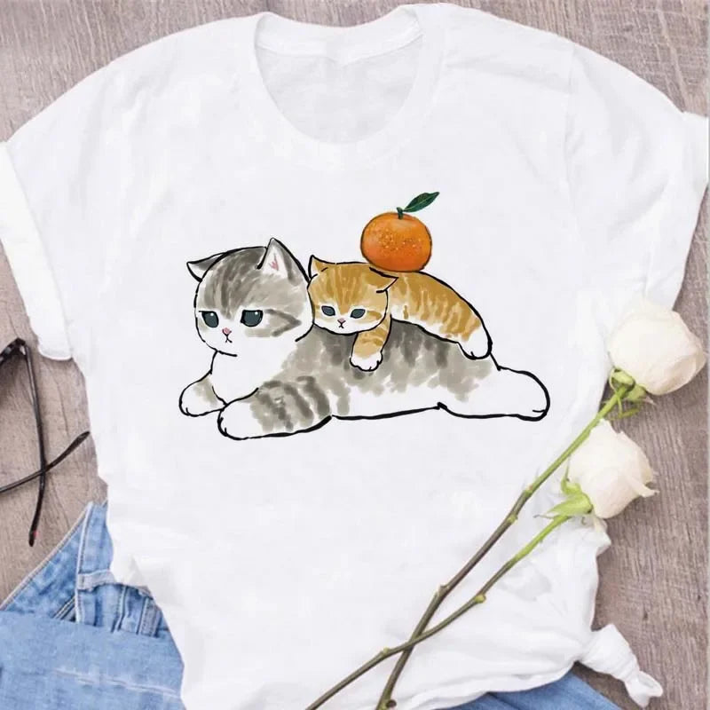 Cute Cats Printing Women T-shirts New Kawaii Women's Tops Fashion Women Clothing Funny Korean Style Creative Casual Clothes Tees