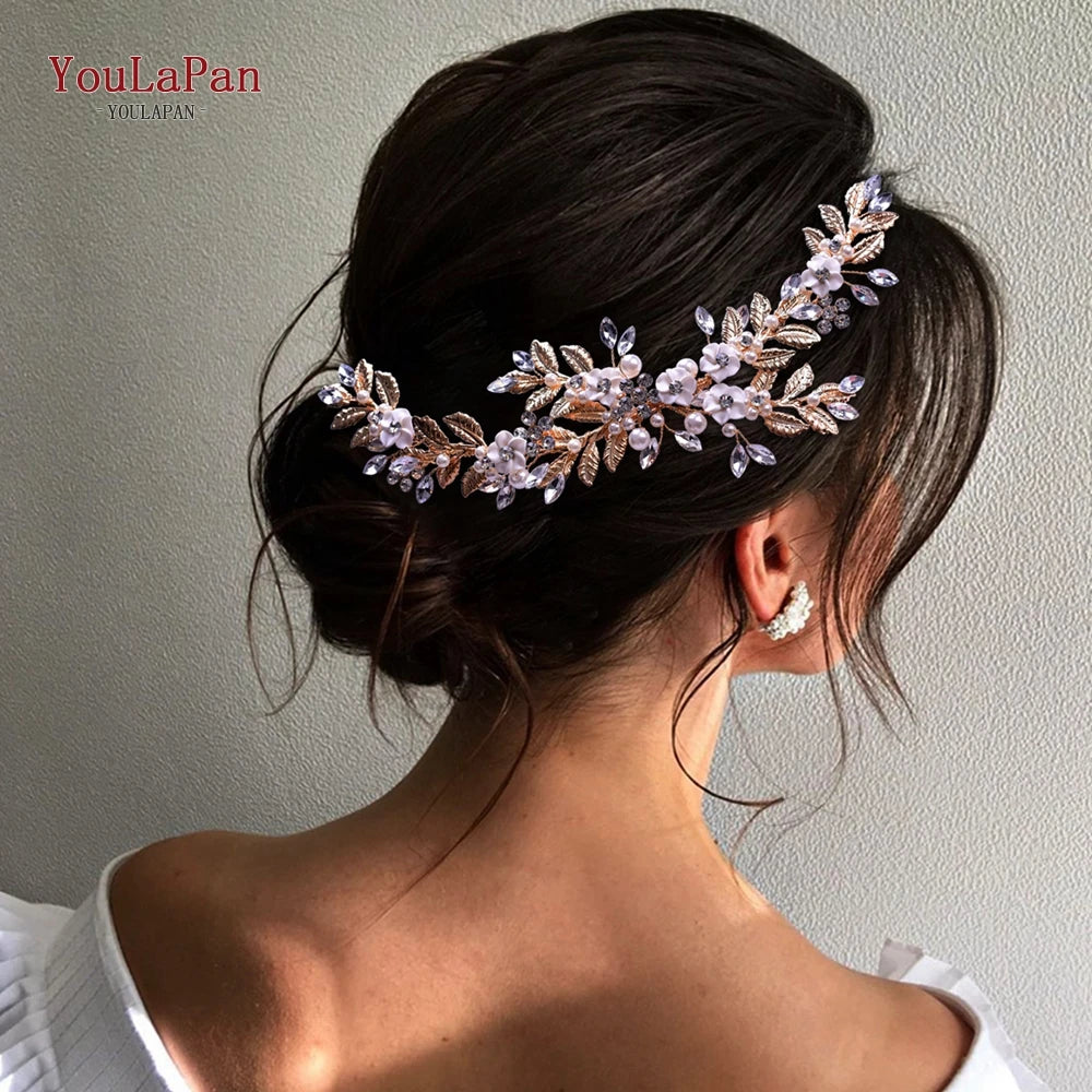 YouLaPan Gold Floral Wedding Hair Comb Bridal Crystal Pearls Headpiece Hair Accessories Bride Jewelry Women Hair Clips HP368