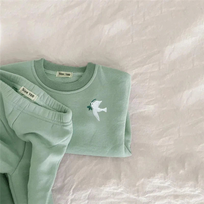 2Pcs Spring Winter Baby Girl Boy Clothes Set Embroidery Thicken Fleece Warm Sweatshirt Pant Boy Tracksuit Toddler Clothes Outfit