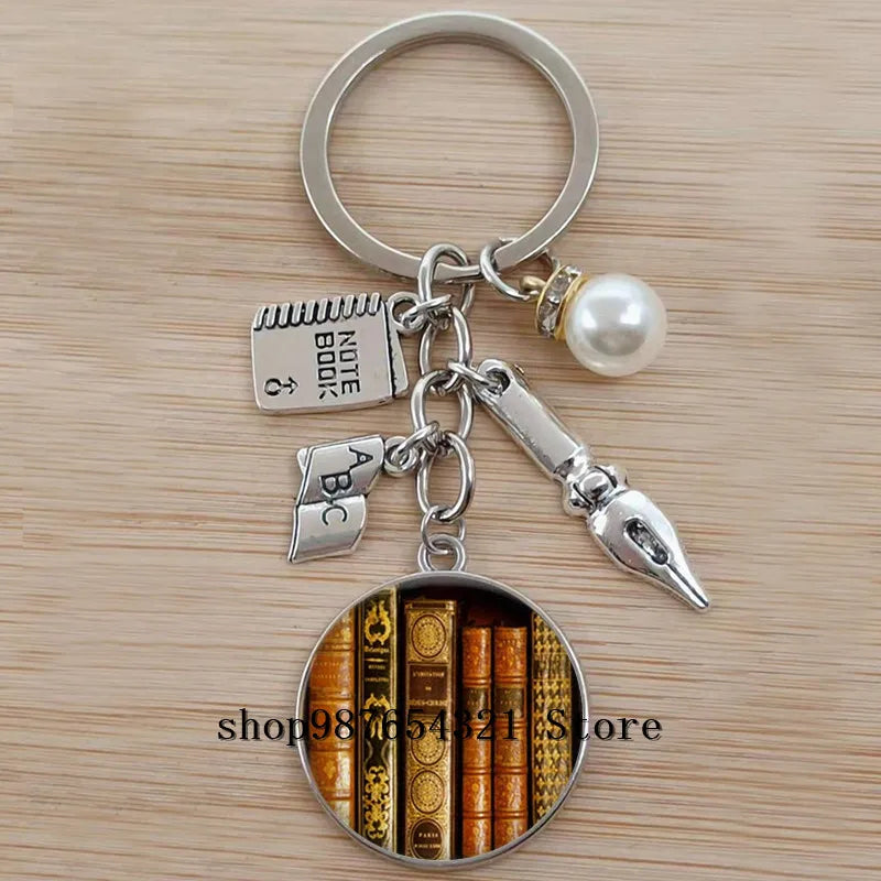 Classic Library Books Keychain Vintage Old Books Key Chain Librarians Key Ring Gift for Nerd Bookworm Writer Teacher