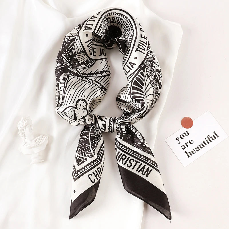 Luxury Brand 2023 Silk Square Scarf Women Cat Neck Hair Tie Band Beach Hijab Kerchief Head Headbands Bandana Female Foulard 70cm