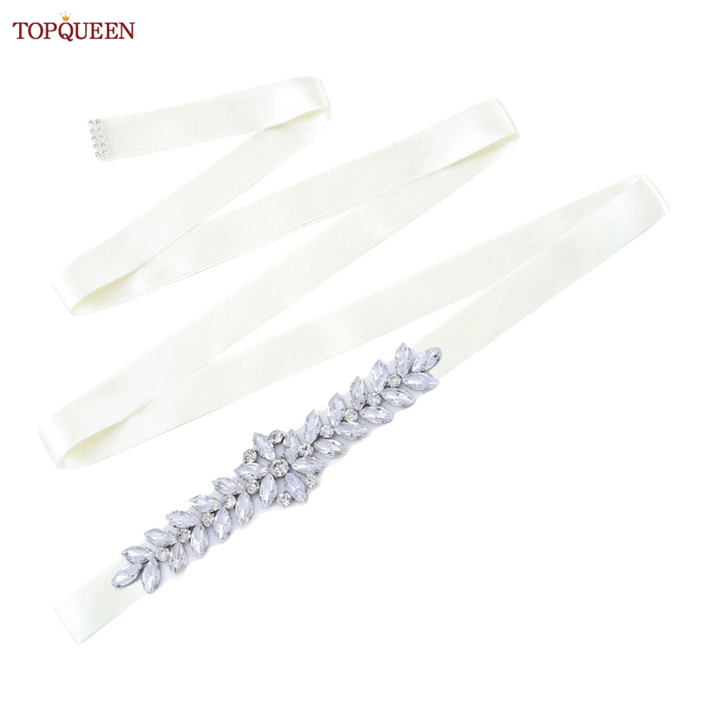 TOPQUEEN Wedding Dress Belt Sash Banquet Party Accessories Bridal Belt Silver Rhinestone Handmade Applique S69