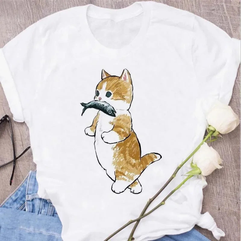 Cute Cats Printing Women T-shirts New Kawaii Women's Tops Fashion Women Clothing Funny Korean Style Creative Casual Clothes Tees