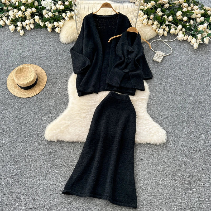 Damen Rosa 3-teiliges Set Vintage Langarmpullover A-Linie Lange Röcke Vintage Y2k Rock Sets Outfits Elegante 2000er Jahre Kleidung 2024