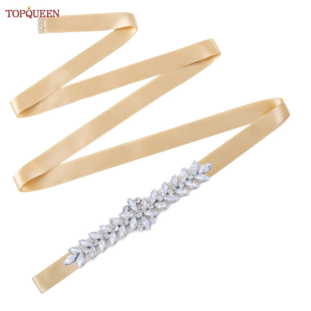 TOPQUEEN Wedding Dress Belt Sash Banquet Party Accessories Bridal Belt Silver Rhinestone Handmade Applique S69