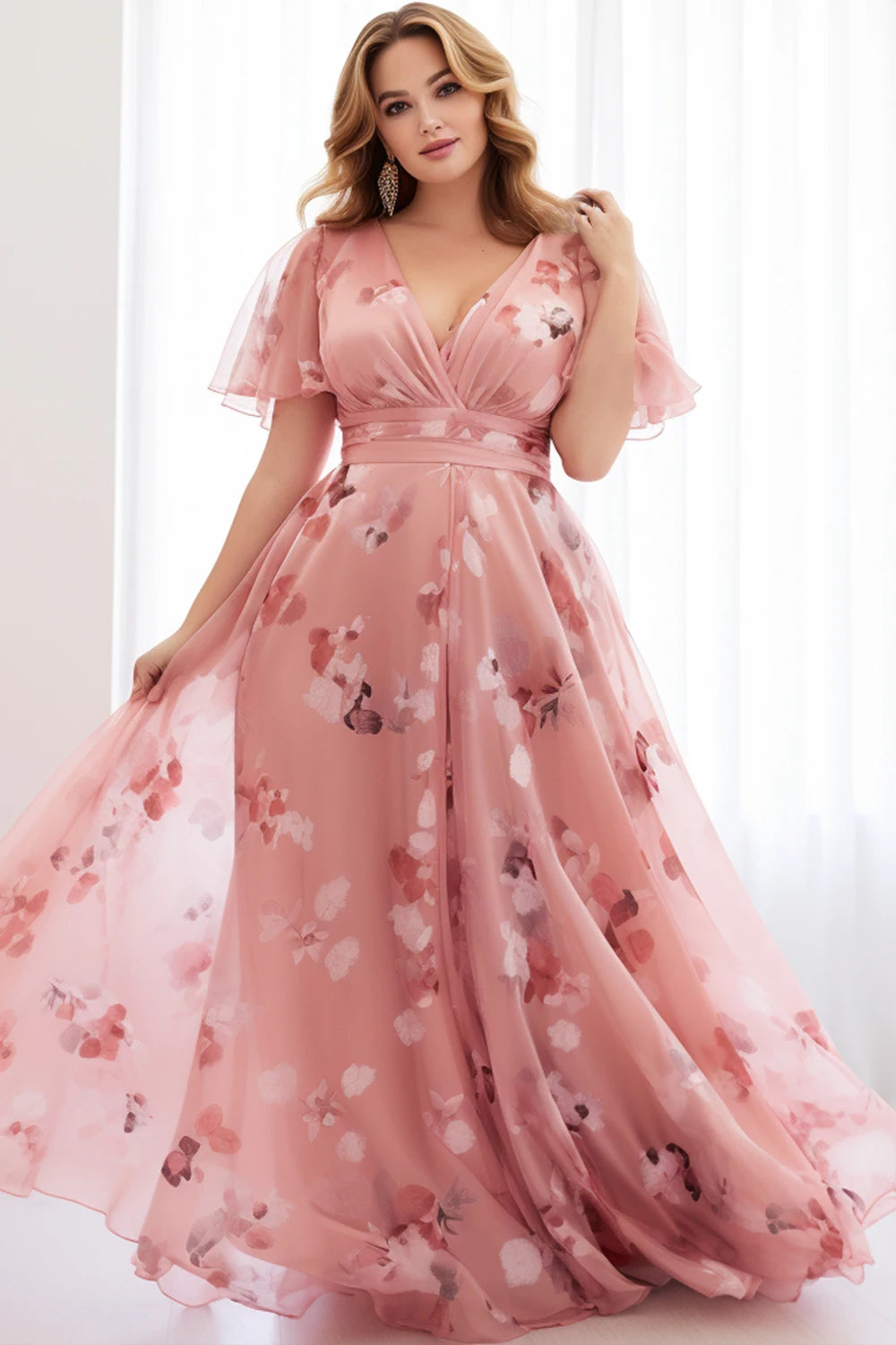 Flycurvy Plus Size Everyday Peach Pink Floral Flutter Sleeve Wrap Empire Waist Chiffon Maxi Dress clothes