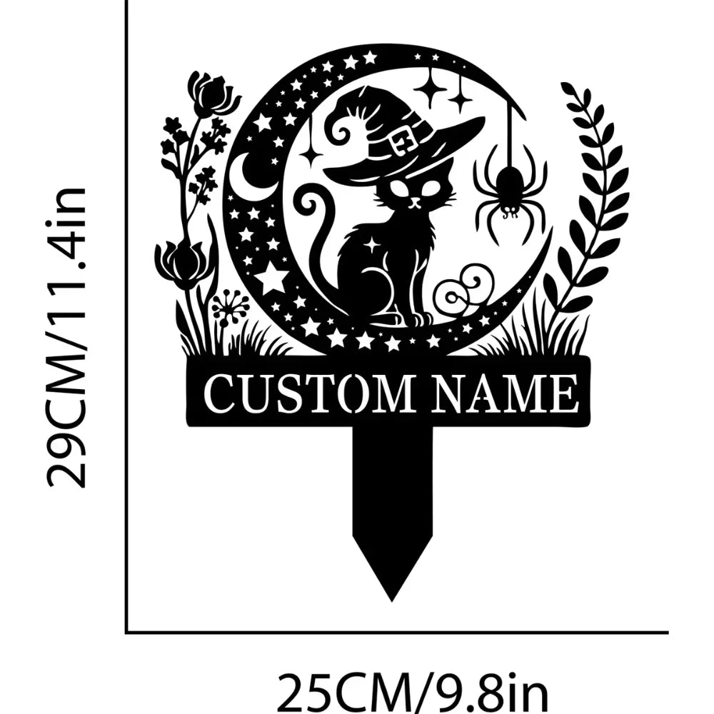 Custom Witch Cat Garden Stake Featuring Luminous Eyes - A Must - Have Black Cat Yard Stake for Halloween Yard Decoration.