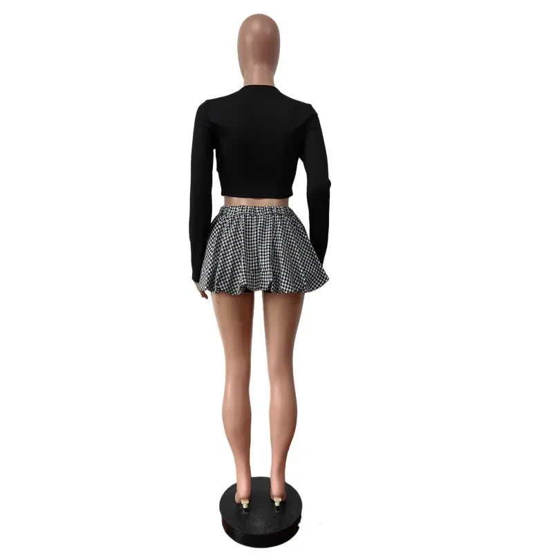 Women Fashion 2 Piece Set Bow Decor O-neck Long Sleeve T-shirts Crop Tops + Mini Plaid Puffy Shorts Skirts Casual Street Suits
