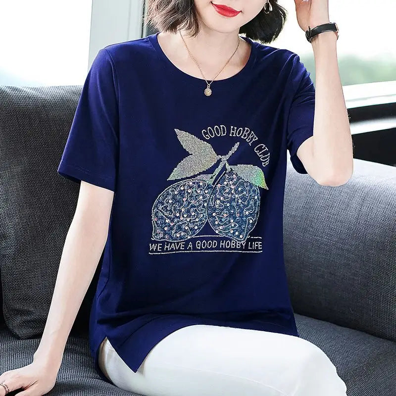 Fashion O-Neck Short Sleeve Sequined Diamonds Letter T-Shirts Women's Clothing 2024 Summer Loose Casual Tops Commuter Tee Shirt