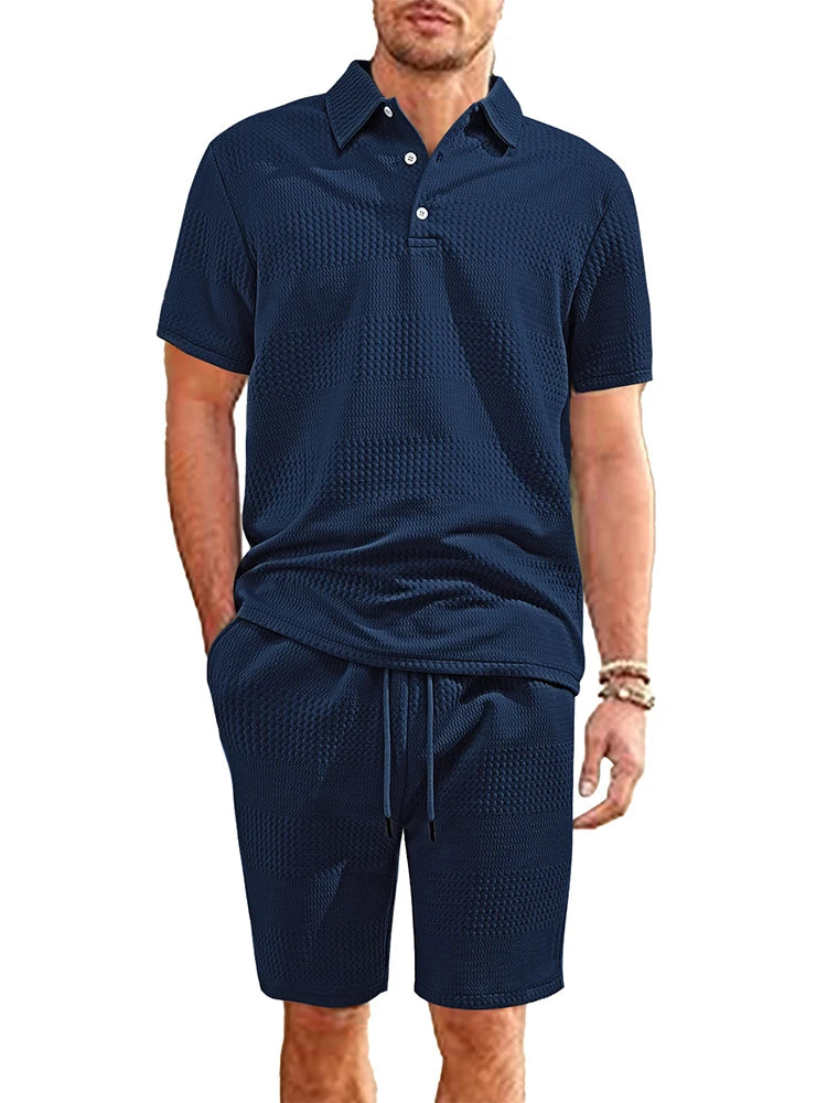 Fashion Textured Jacquard Two Piece Suits For Mens 2025 Summer Casual Solid Color Loose Polo Shirts And Shorts Outfits Men Sets