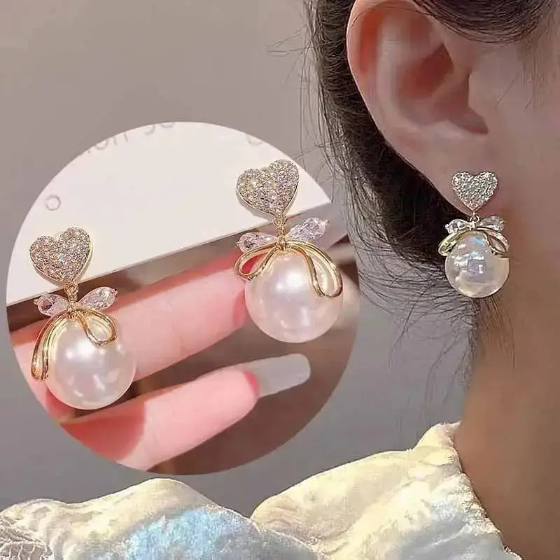 925 Silver Needle Korean Fashion Crystal Heart Earrings For Women Jewelry 2024 Trending Women's Red White Pearl Drop Earrings