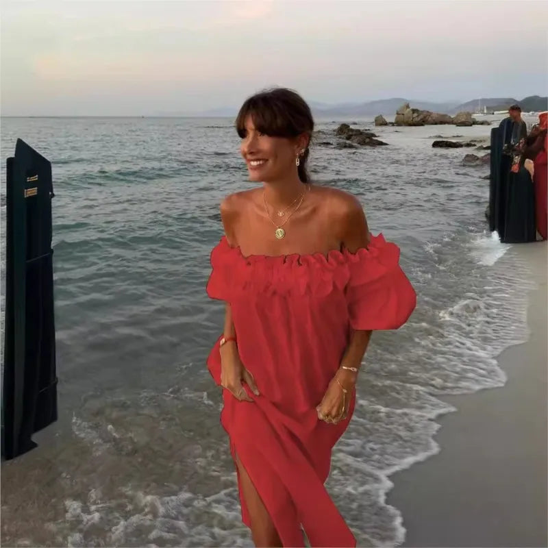2025 Summer Cotton Linen Women Dress Long White Off The Shoulder Side Split Dresses Female Elegant Casual Trendy Ladies Clothes