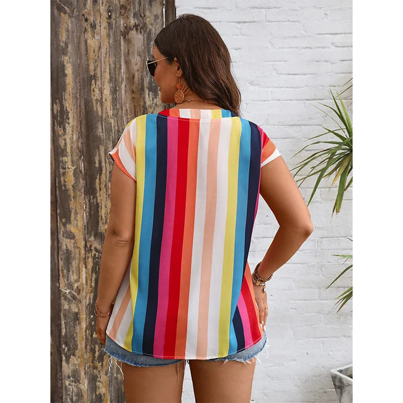 Plus Size Short Sleev Rainbow Color Shirt Top Oversized Women Clothing V Neck Summer Tops