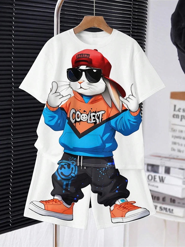 2024 Kids Clothes 2pcs Boys Fun Cartoon Bear Print Short Sleeve T-Shirt Shorts Set Summer Active Boys Complete Stylish Look