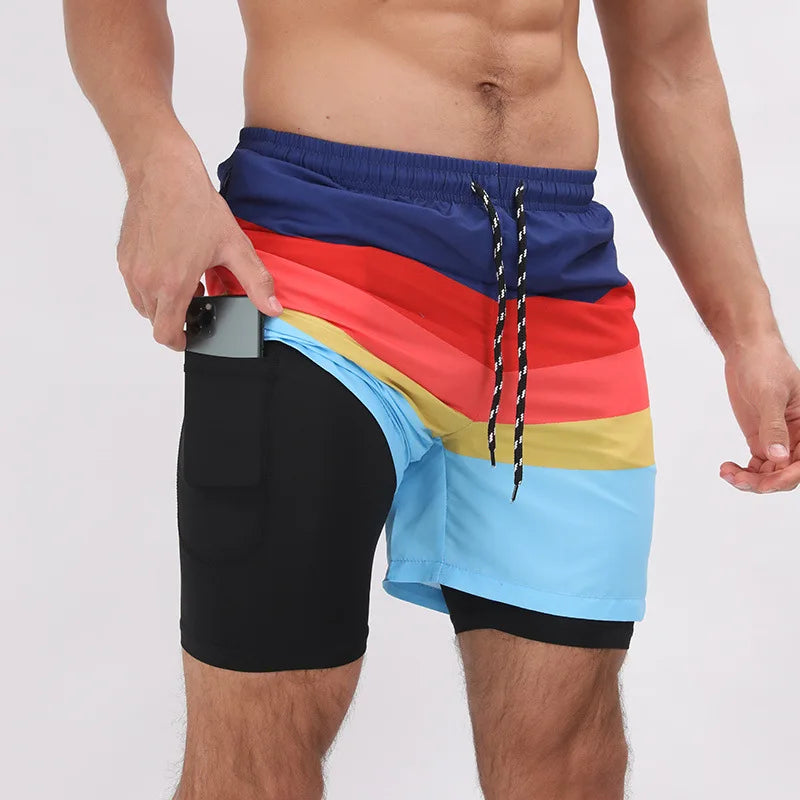 Summer Shorts Men Double Layer Beach Wear Surf Swimming Sportswear Fitness Loose Shorts Casual Trouser New Swimwear