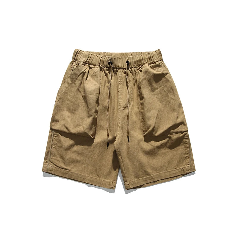 Fashion Leisure Pulling Rope Cargo Shorts Summer Men Elastic Waist Simplicity Comfort New Solid Color Large Pocket Men Shorts