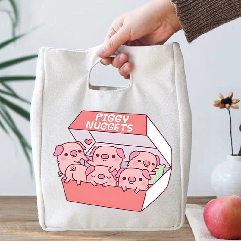 Isolierte Lunchtasche aus Segeltuch mit Hamburger-Schweinchen-Design, für Studenten, süße Tierliebhaber, tragbare Bento-Taschen, wiederverwendbare Lunch-Tragebox für Kinder