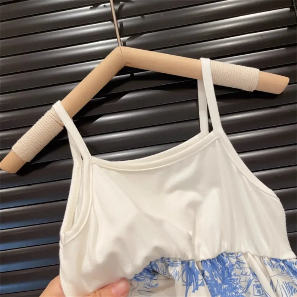 3-7 Years Summer Girls Clothes Set Blue Printed Jacket + Small Suspender Dresses Two-piece Set