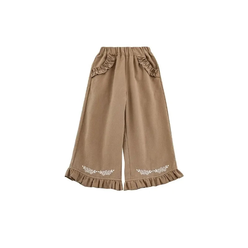 Girls' Two-color Embroidered Straight Leg Pants Autumn Playful Cute Lace Pockets Casual Pants Trendy