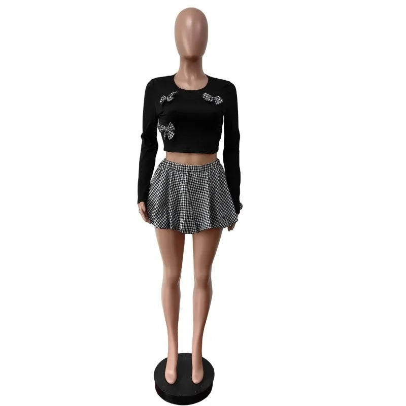 Women Fashion 2 Piece Set Bow Decor O-neck Long Sleeve T-shirts Crop Tops + Mini Plaid Puffy Shorts Skirts Casual Street Suits