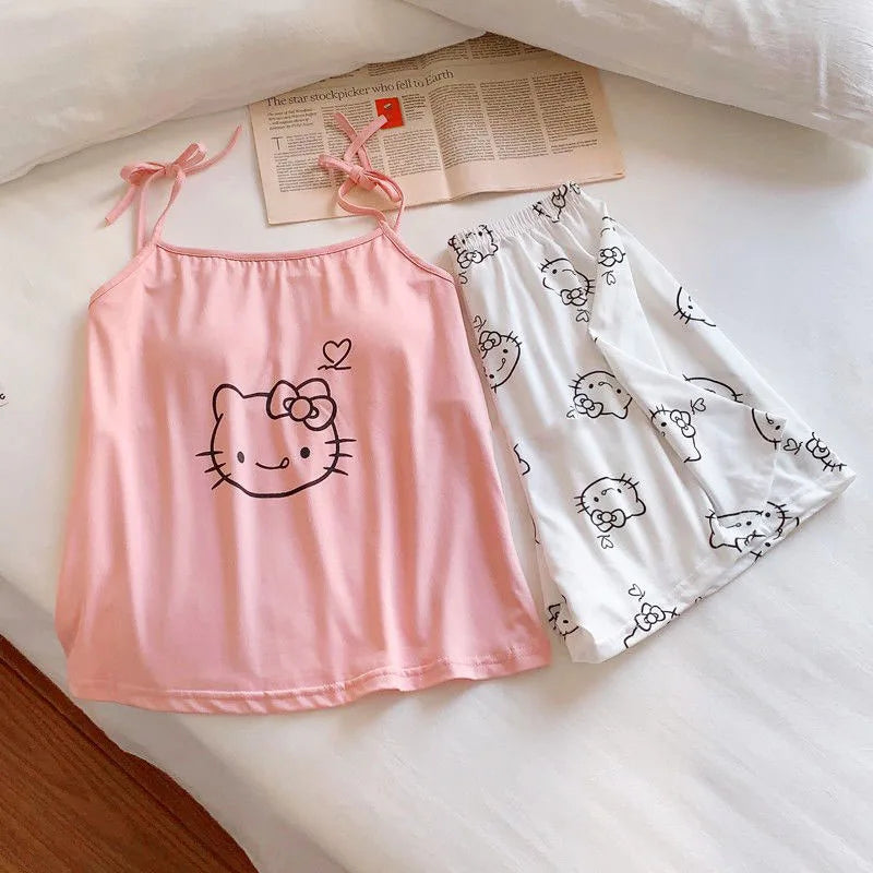 Hello Kitty Tank Nightgown Women Trunks 2pcs Pajama Set Kawaii Girl Summer with Bra Pads Comforts Loungewear Clothing Gift clothes