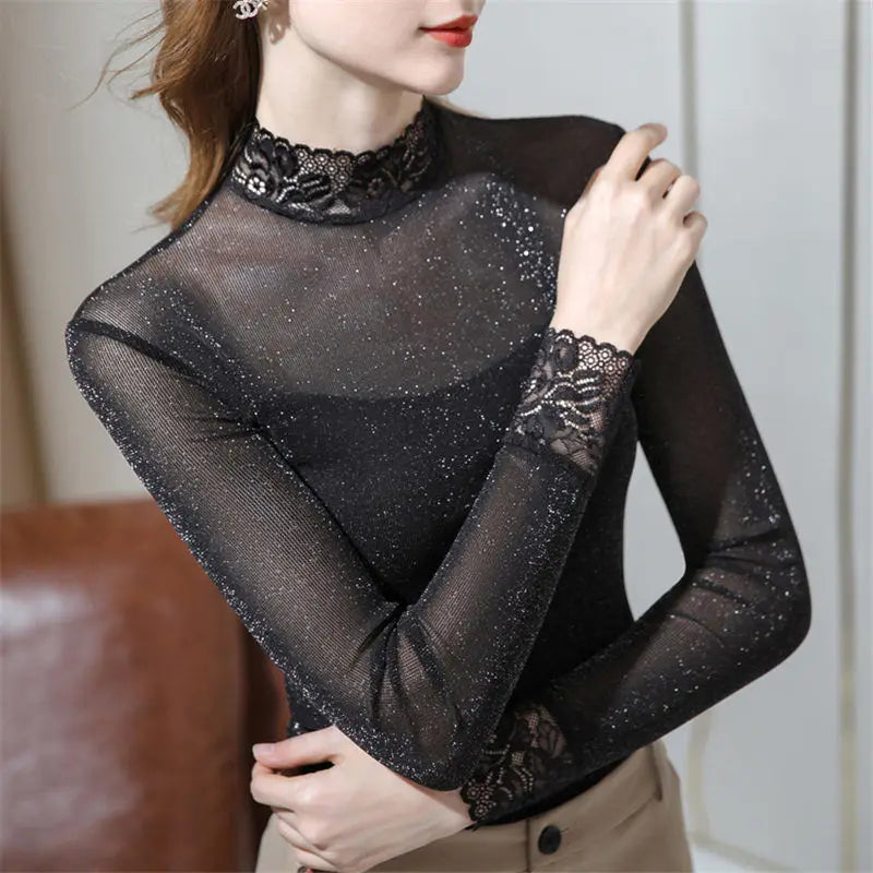 Fashion Gauze Bright silk Spliced Lace Blouses Women's Clothing 2023 Autumn winter Elegant pullovers Office Lady Shirts