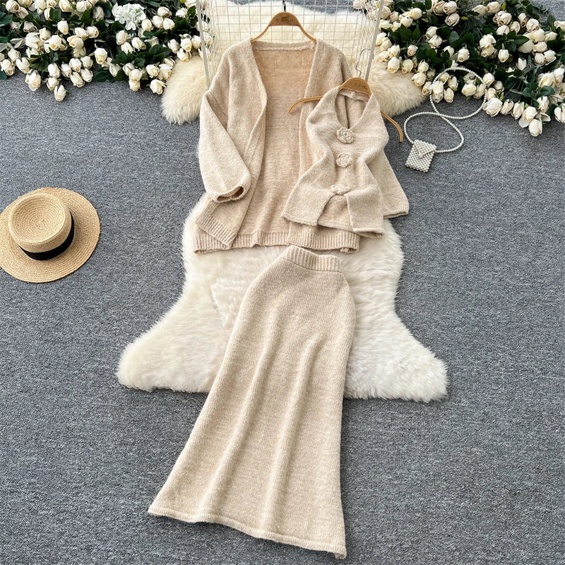 Damen Rosa 3-teiliges Set Vintage Langarmpullover A-Linie Lange Röcke Vintage Y2k Rock Sets Outfits Elegante 2000er Jahre Kleidung 2024