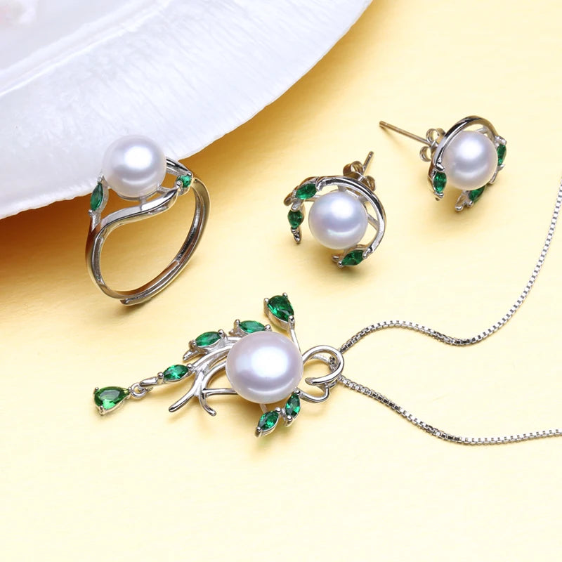 FENASY 925 Sterling Silver Natural Pearl Emerald Jewelry Sets Leaf Earrings Necklace Pendant Engagement Ring Sets For Women