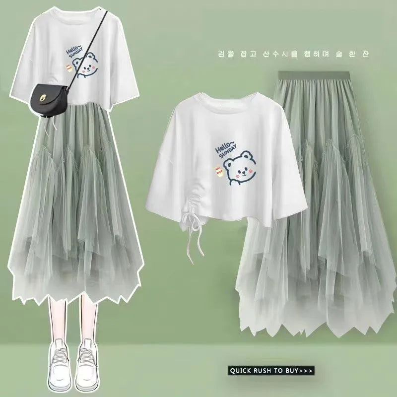 2024 Summer New Korean Elegant Cute Short Sleeved T-shirt+Mesh Midi Skirt Two Piece Suit Women's Loose Top Dress Matching Set