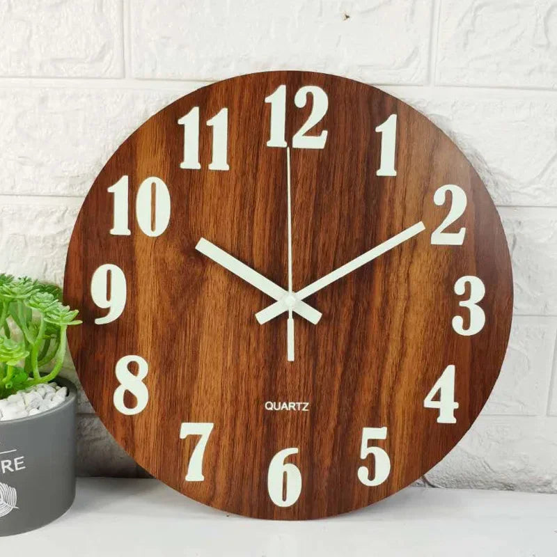 12 Inch Wall Clock Luminous Wood Night Glow Visible Nordic Silent Clock Decoration with Night Light for Bedroom Living Room Home