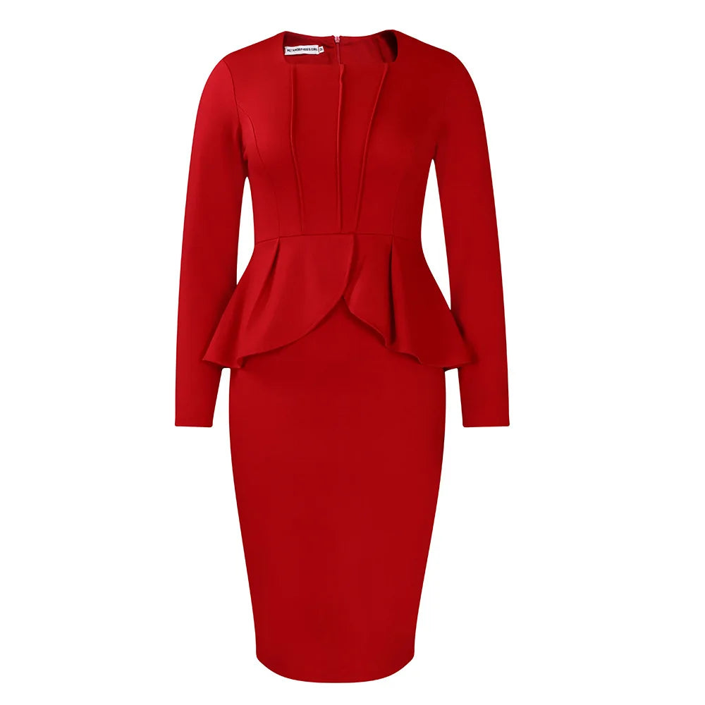 2025 SolidPeplum Ruffles Long Plus Size Dress Women Long Sleeve Large Big Dresses Spring Slim Fit Party Tight Curvy Dress
