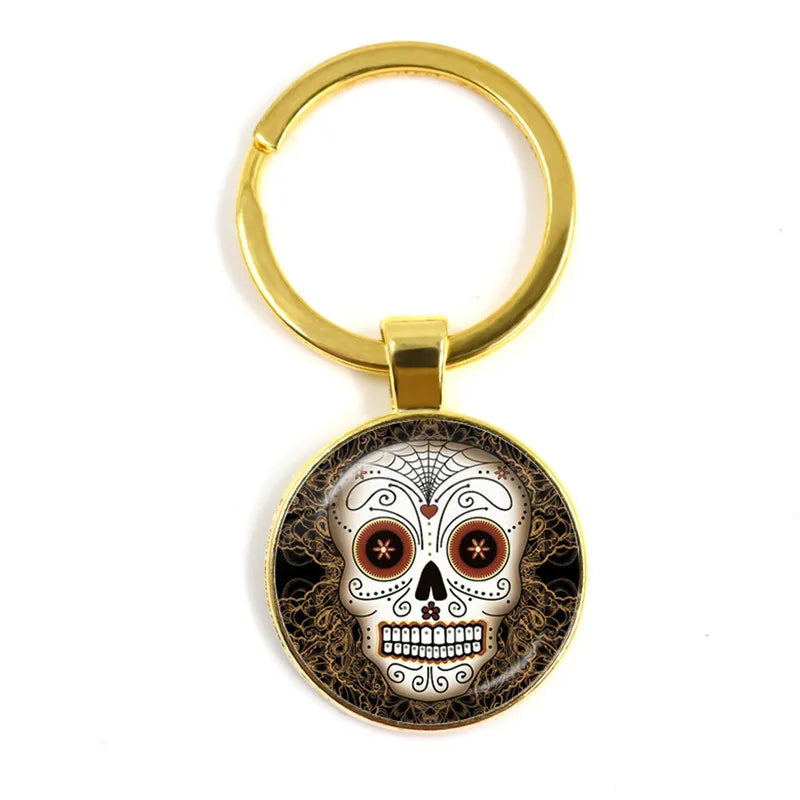 Fashion Colorful Sugar Skull Keychain Mexico Folk Art Patterns Glass Pendant Key Chain Jewelry Holiday Gift