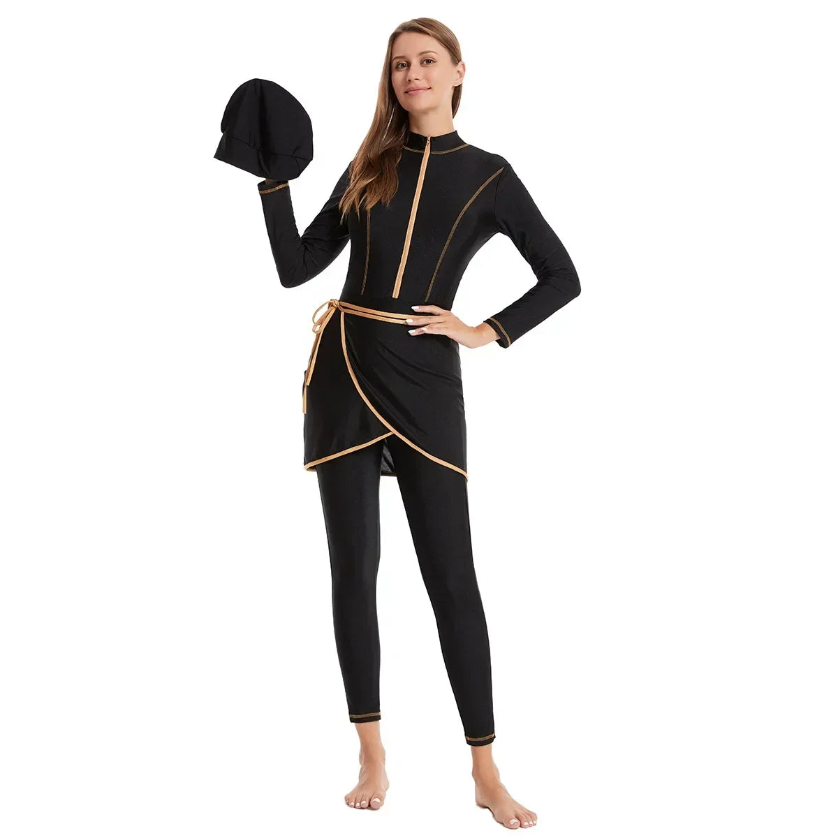 3 Pcs Swimming Sets Women Muslim Swimwears Front Zipper Full Cover Beach Swimsuit Muslim Swim Pants Set Islamic Modest Burkini