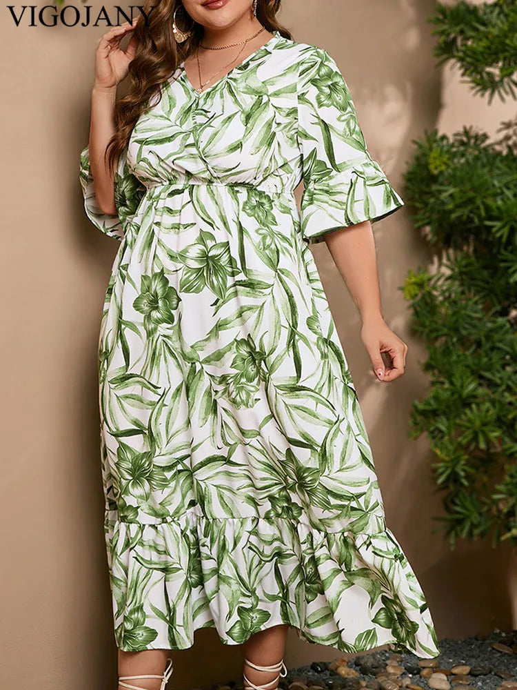 Vigojany 2025 Women Summer Short Sleeve Plus Size Dress Print Casual V Neck Large Big Dress Lady Chubby Curvy Long Dresses