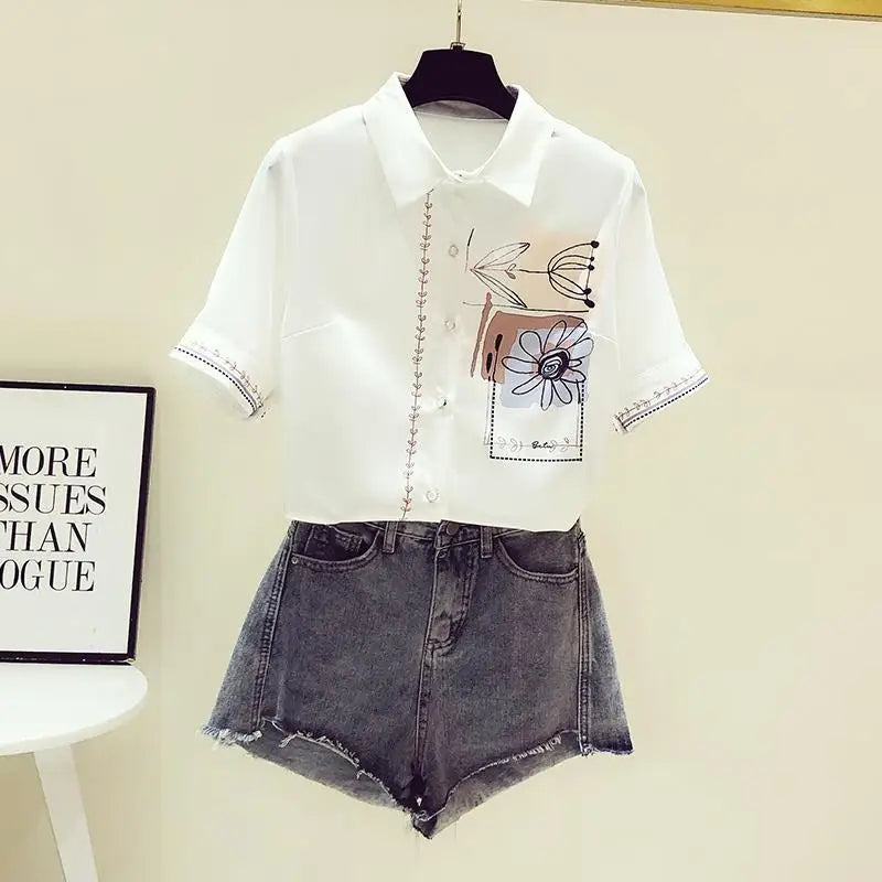Women's Chic Fashion Chiffon Summer New Solid Color Commute Blouses Short Sleeve Polo-Neck Single-breasted Loose Printed Shirts