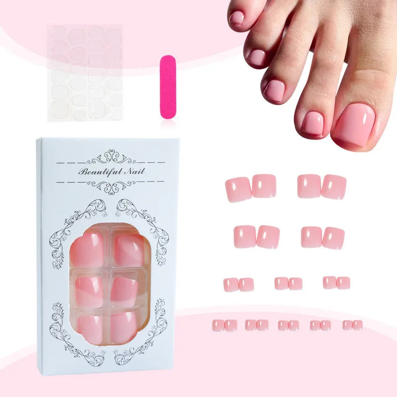 24pcs Pink Press on Toenails Ins Simple Solid Color Fake Toenail Patch Full Cover Wearable DIY Manicure Set False Toe Nails