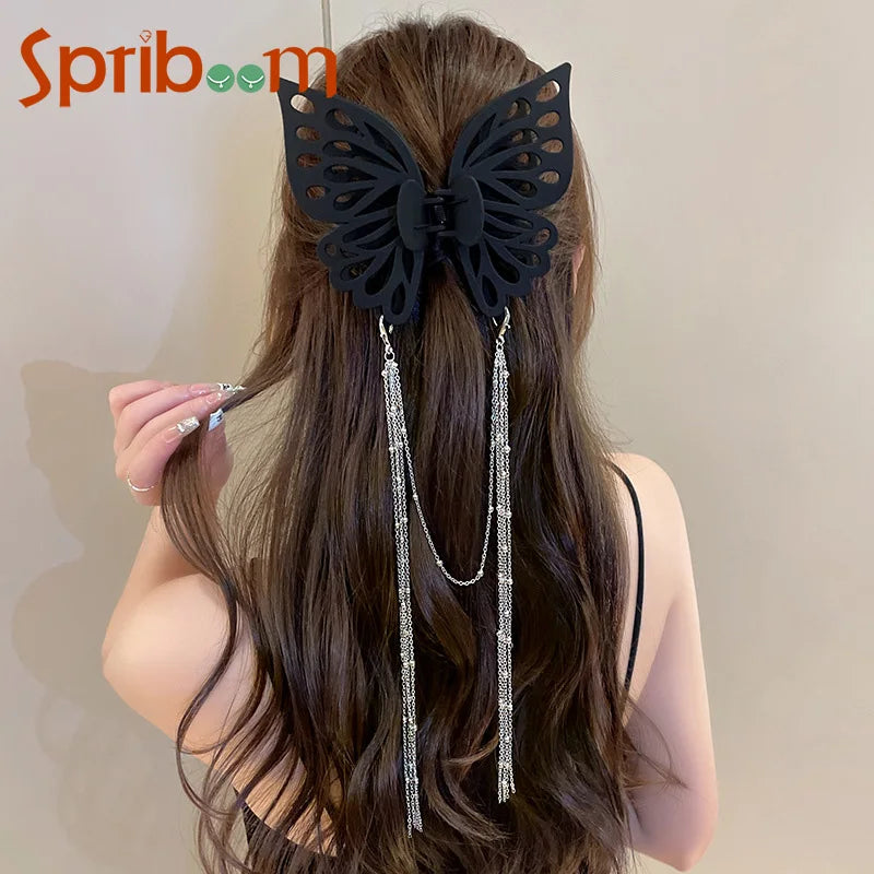 Long Tassel Butterfly Hair Clips for Women Headdress Temperament Elegant Hairpin Black Grab Clip Elegant French Hair Accessories