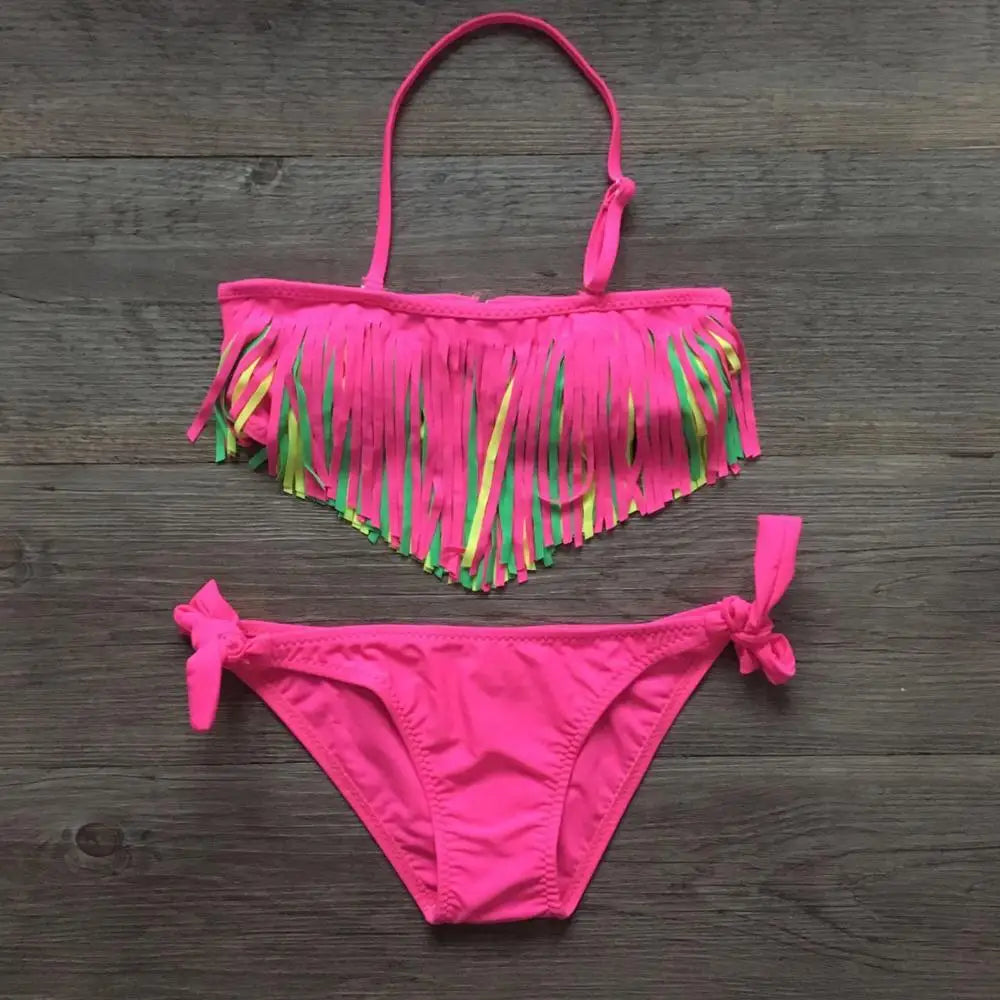 Solid Tassel Girls Bikinis 2023 Kids Swimwear Swimsuit Summer Beach Children Bandage Biquinis 5-12 Years Teens Baby Bathing Suit
