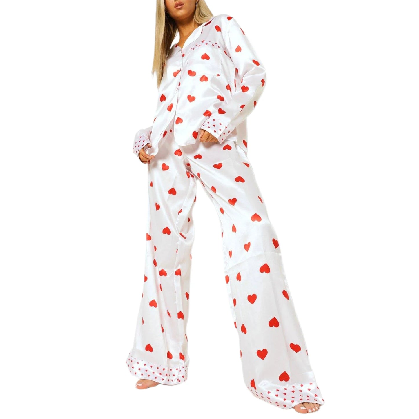Women s Valentine s Day Lounge Set Long Sleeve Button Up Heart Print Tops Pants Sleepwear