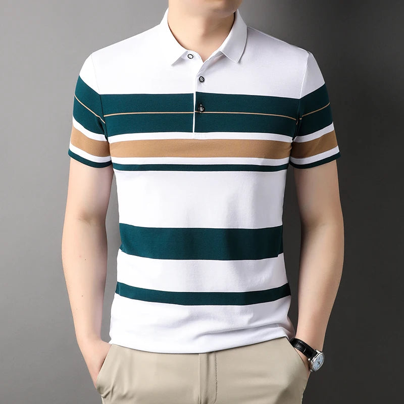 Men's Polo Shirts Korea Man Golf Shirts Summer Striped Print Button Clothing Business Style Male Streetwear Short Sleeve T-Shirt