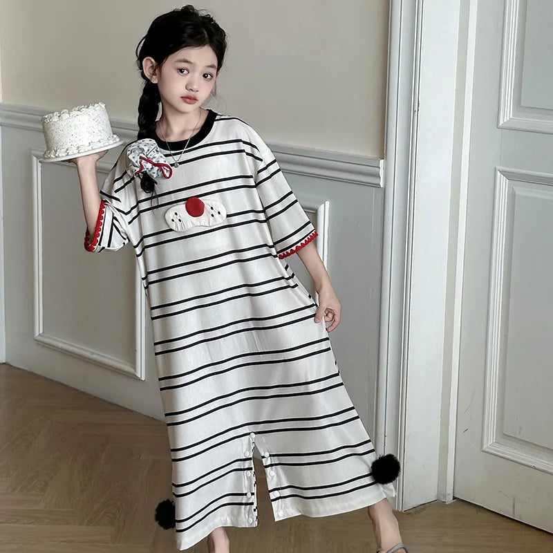 Girls Skirt Nightdress Summer Children Pajama Girls 2024 New Summer Women Thin Family Home Simple Casual Dress Children