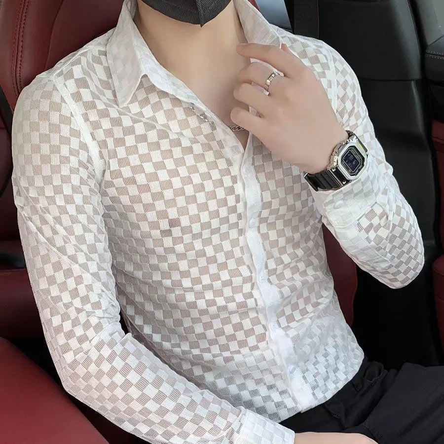 Spring Autumn New Fashion Plaid a Peaked Collar Men's Clothing Shirts Long Sleeve Button Hollow Out Slim Korean Chaopai Blouse