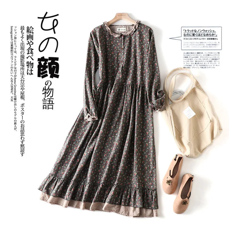 Japanese Fashion Print Dress Pretty Cotton Linen Spring Women New Floral Loose Long-sleeved Dress Midi Vestido de Mujer Clothes clothes