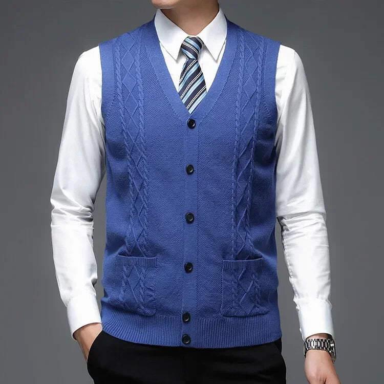 Men's Business Casual Pullover Wear Warm Sleeveless Velvet Knitted Sweater Vest Tops