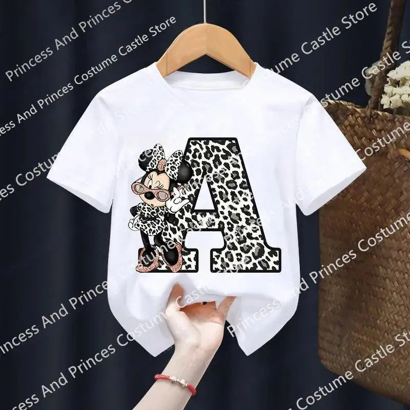 Minnie Letter A B C D Children T-shirt Kawaii Disney Clothes for Girls T Shirt Anime Cartoons Casual Kid Boy Short Sleeve Tops