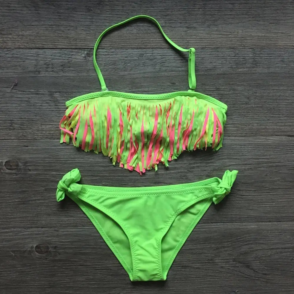 Solid Tassel Girls Bikinis 2023 Kids Swimwear Swimsuit Summer Beach Children Bandage Biquinis 5-12 Years Teens Baby Bathing Suit