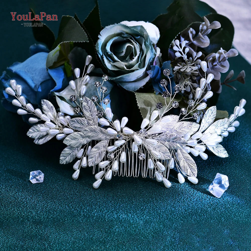YouLaPan Wedding Headpiece Faux Pearl Headband Bridal Hair Accessories Rhinestone Headdress Alloy Leaf Hair Decoration HP680