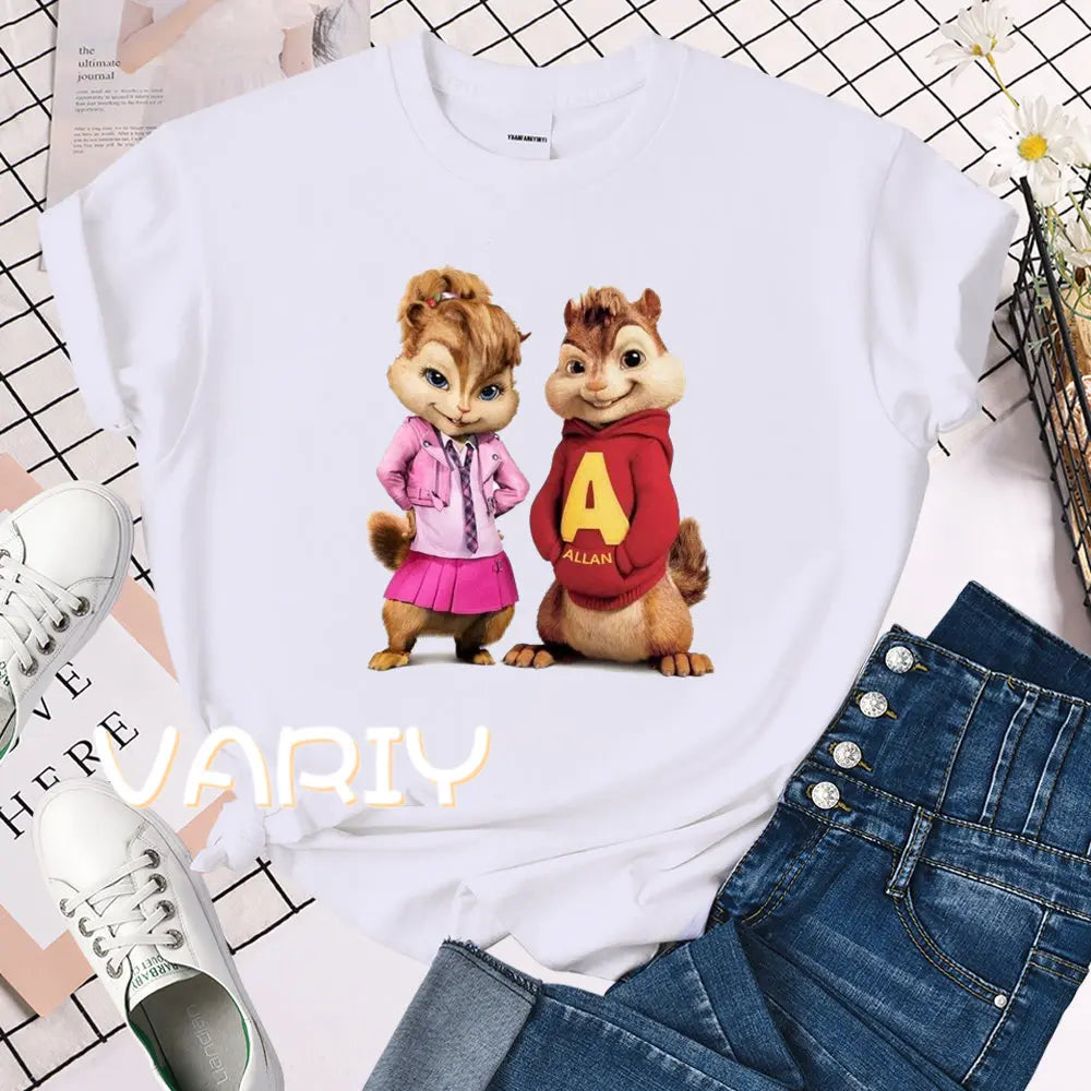 Female Alvin and the Chipmunks Printing O-neck Short Sleeve T-Shirt 2025 New Summer Trend Loose Top Tee Shirt Women Clothes